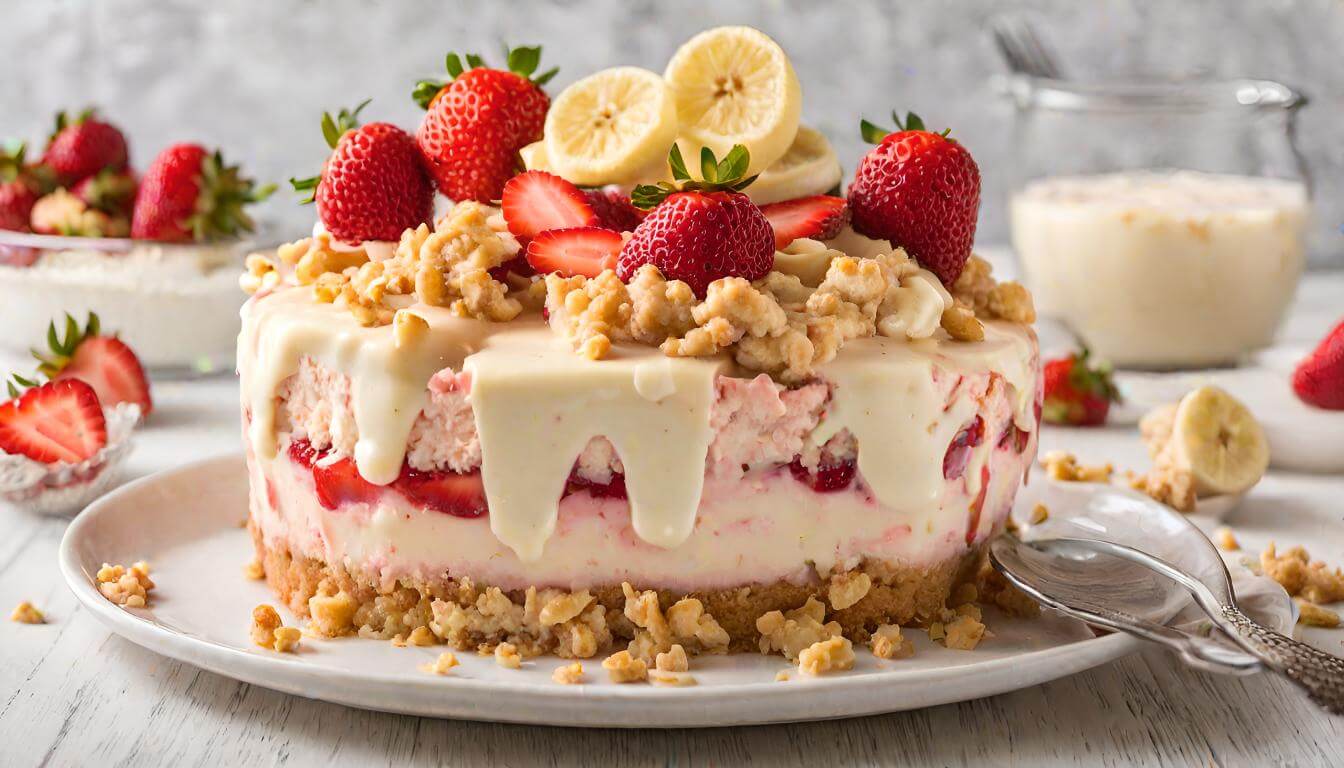 A no-bake strawberry crunch cheesecake on a white cake stand, topped with a layer of pink strawberry crumbs, set against a soft-focus kitchen background.