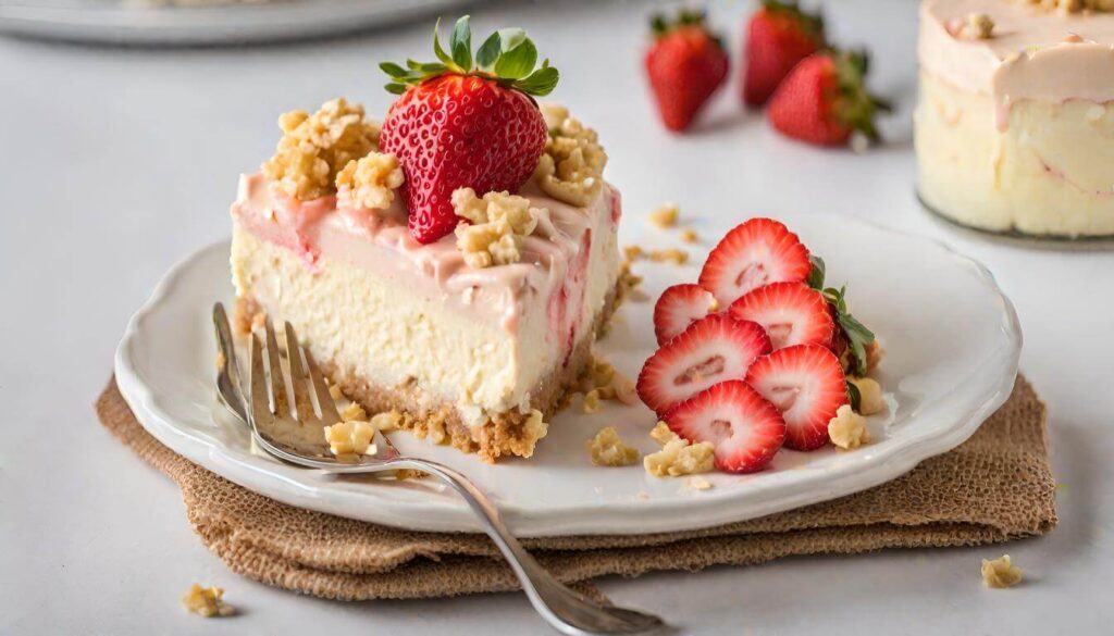 Alt Text
Slice of strawberry crunch cheesecake topped with a whole strawberry and served with sliced strawberries on a white plate.