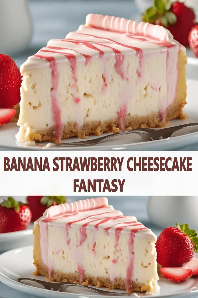 Delicious slice of Banana Strawberry Cheesecake Fantasy topped with fresh strawberries and strawberry sauce