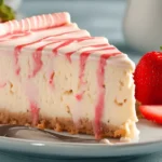 Slice of Banana Strawberry Cheesecake Fantasy topped with fresh strawberries and strawberry sauce