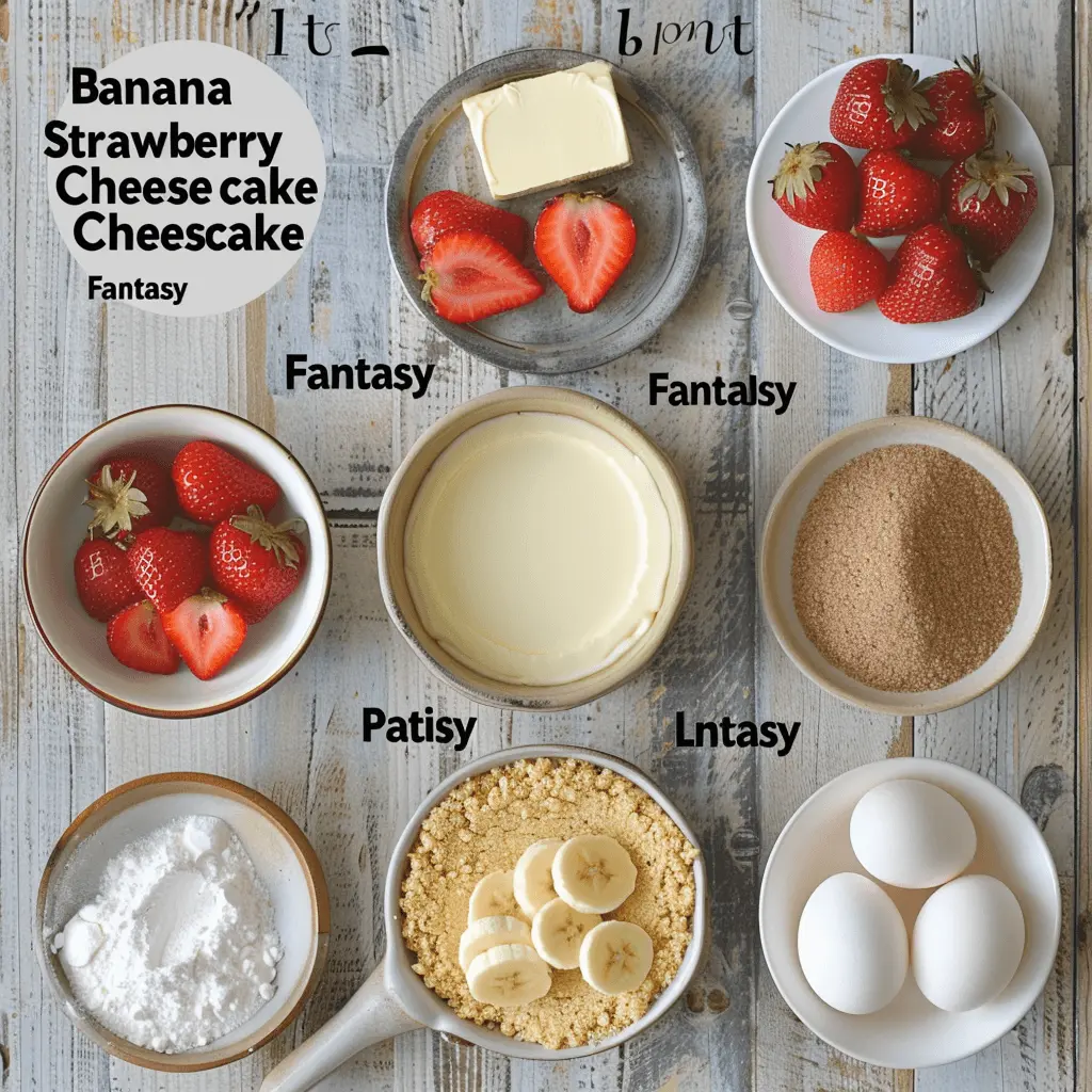 Ingredients for Banana Strawberry Cheesecake Fantasy including strawberries, bananas, cream cheese, graham cracker crumbs, eggs, sugar, and butter