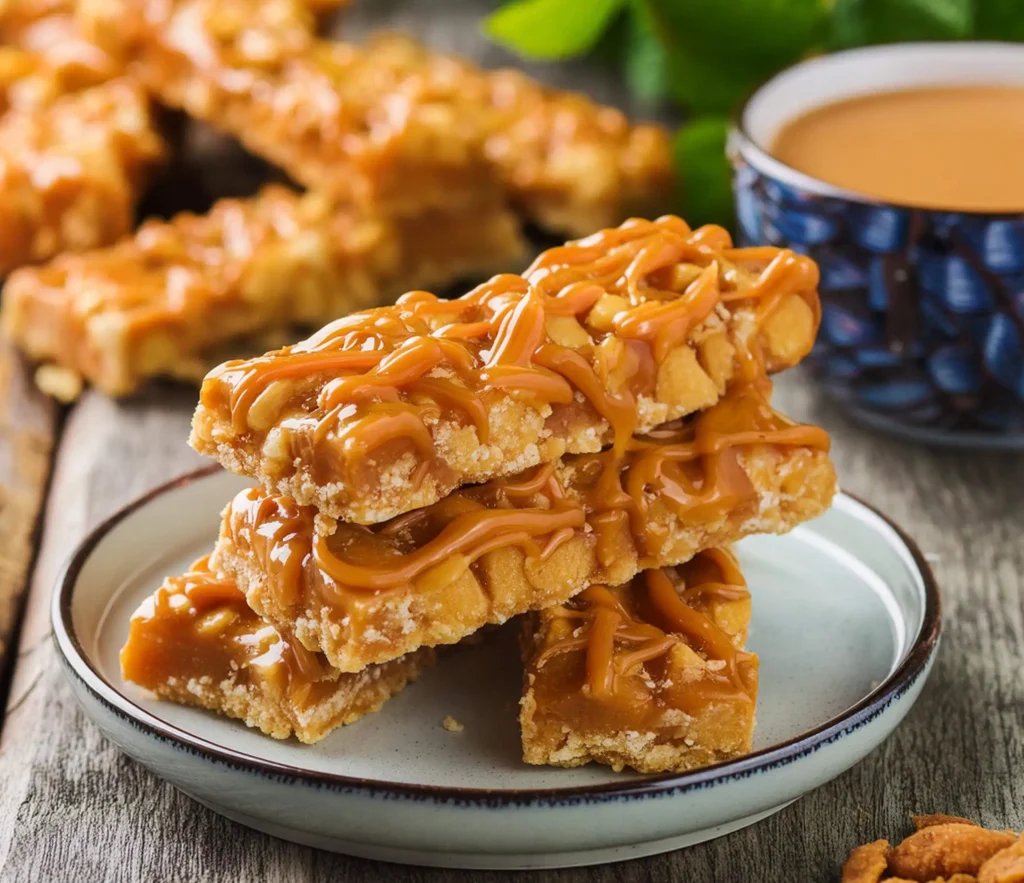 Close-up of No-Bake Butterfinger Caramel Bars on a plate, drizzled with caramel sauce, with more bars and a cup of caramel sauce in the background.