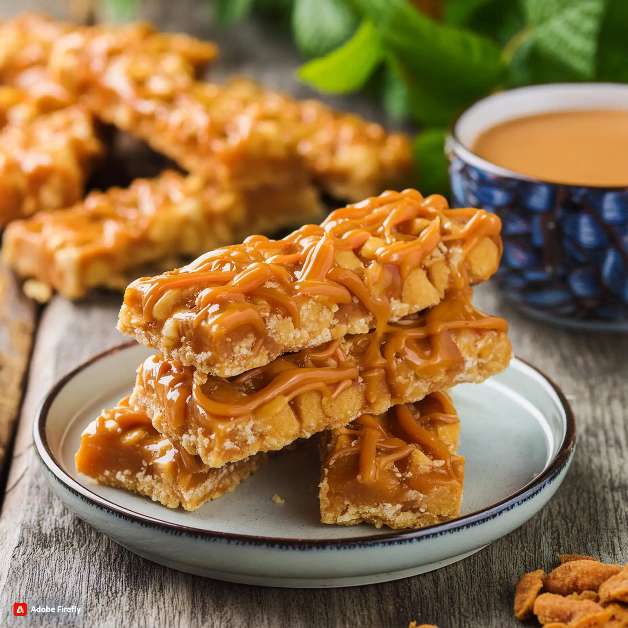 Close-up of No-Bake Butterfinger Caramel Bars on a plate, drizzled with caramel sauce, with more bars and a cup of caramel sauce in the background.