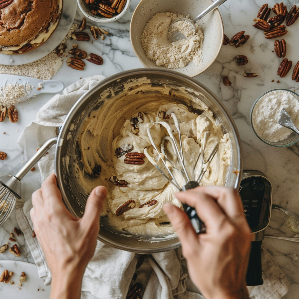 Hands mixing Butter Pecan Poke Cake batter with pecans in a stainless steel bowl, surrounded by baking ingredients on a marble countertop.