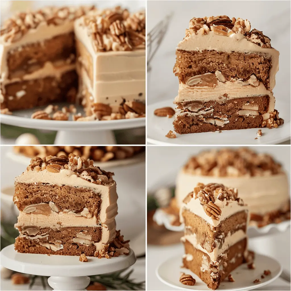 Collage of praline cake variations including gluten-free, vegan, and sugar-free slices, each uniquely styled.