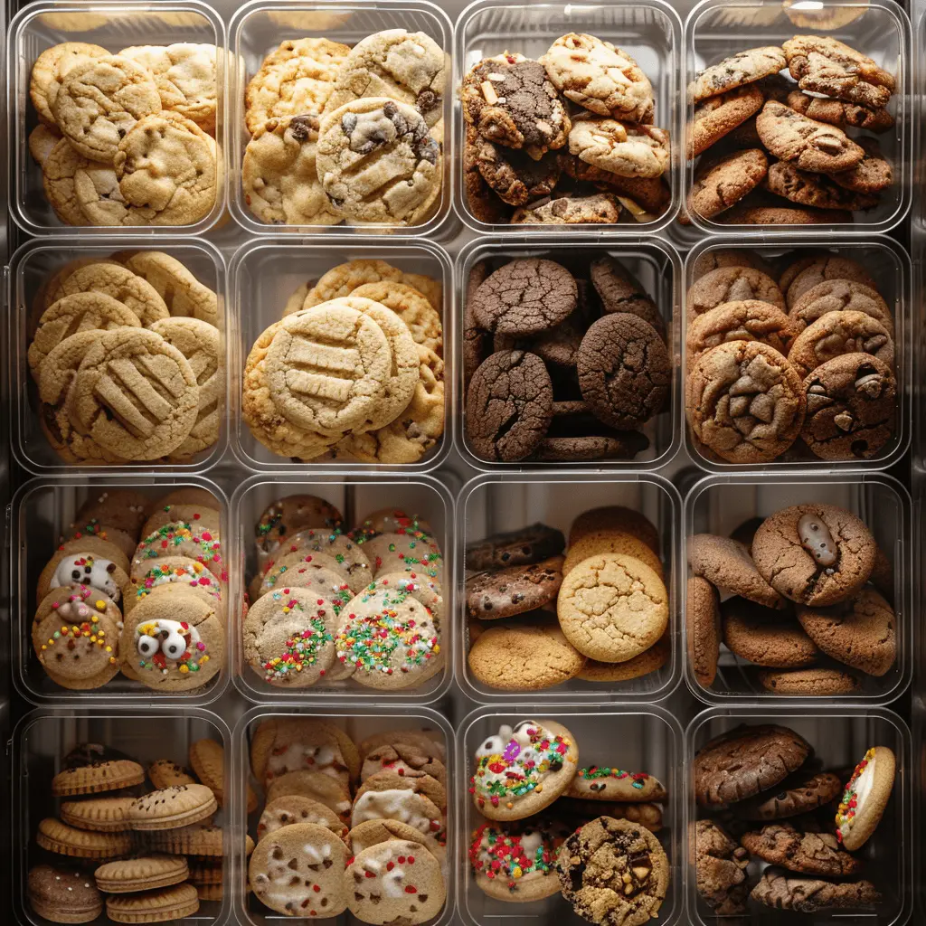 Assorted cookies in clear storage containers, showcasing various flavors and decorations.