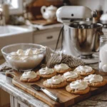 Freshly baked cookies with cream cheese icing on a kitchen counter, next to a bowl of icing and a kitchen mixer.