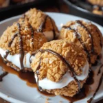 Close-up of Fried S'mores Bombs drizzled with chocolate on a white plate, showcasing their crispy exterior and gooey marshmallow center.
