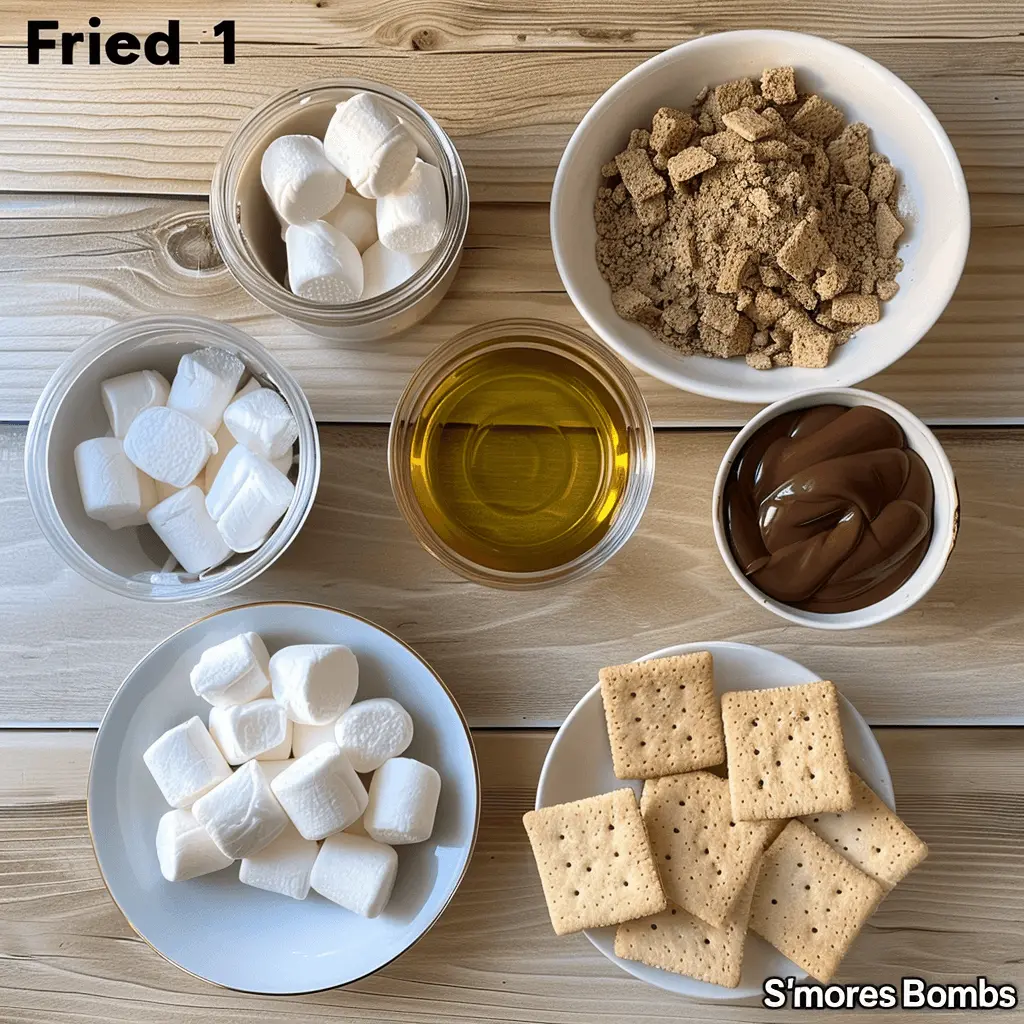 Ingredients for Fried S'mores Bombs laid out on a wooden table, including marshmallows, crushed graham crackers, chocolate spread, and oil.