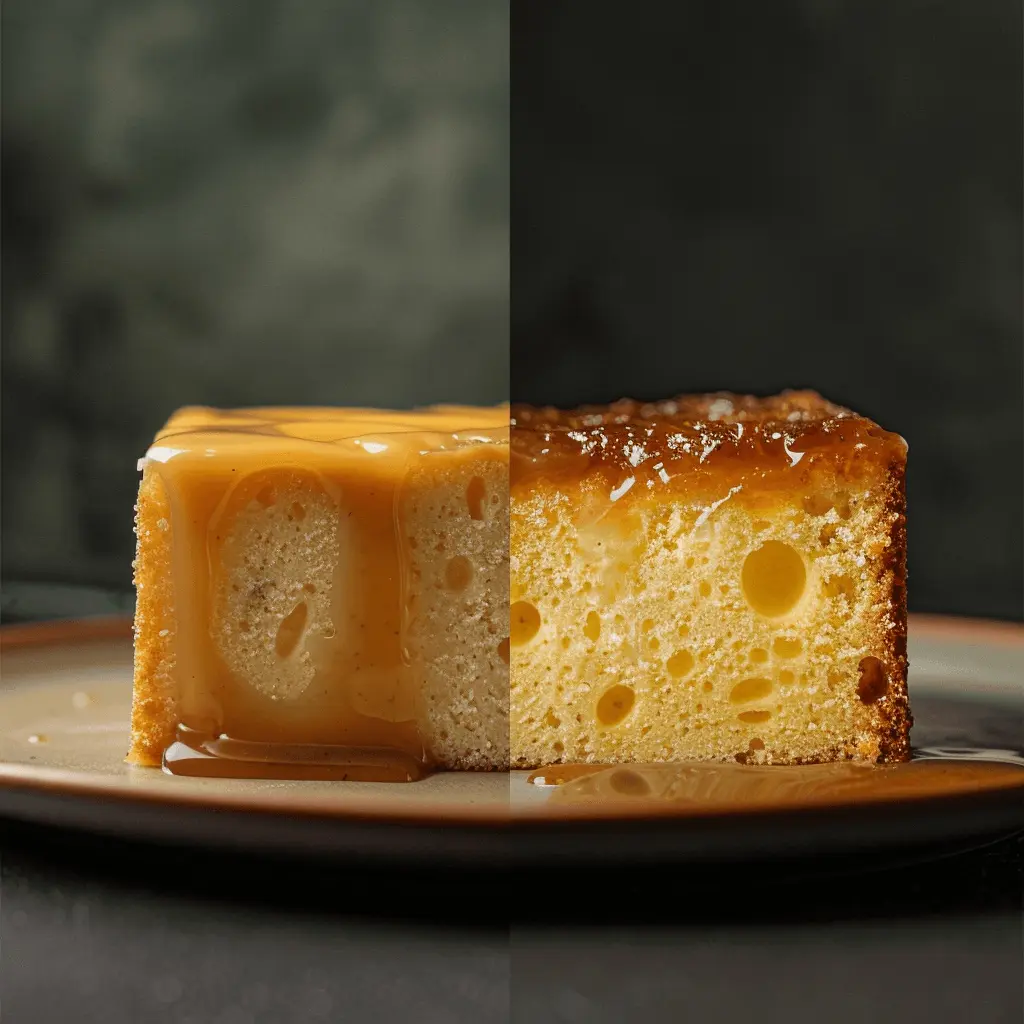 Side-by-side comparison of a perfect poke cake and a soggy poke cake, highlighting differences in texture and moisture.