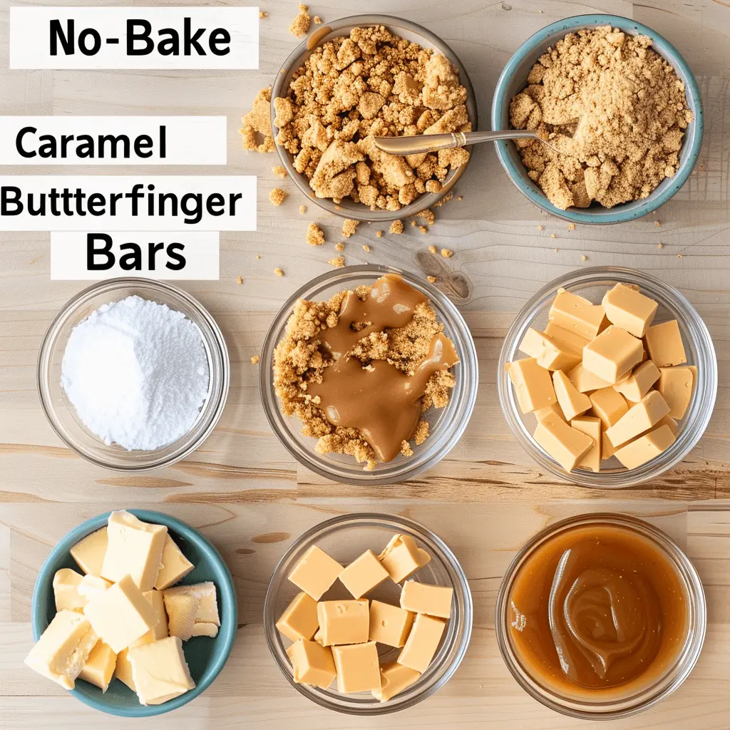 Ingredients for No-Bake Butterfinger Caramel Bars, including graham cracker crumbs, powdered sugar, caramel, butter, and peanut butter, arranged in bowls on a wooden surface.