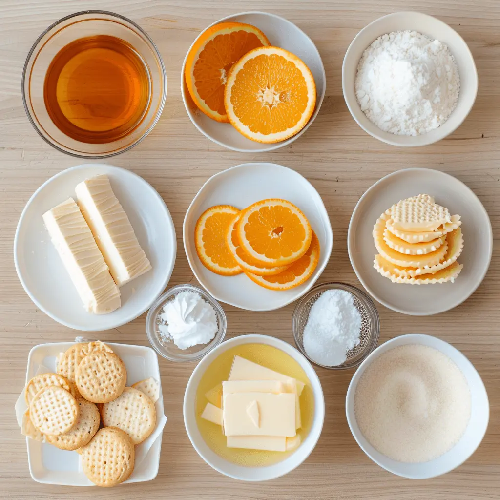 Ingredients for No-Bake Orange Creamsicle Cheesecake neatly arranged on a wooden table, including vanilla wafers, fresh oranges, cream cheese, and other baking essentials.

