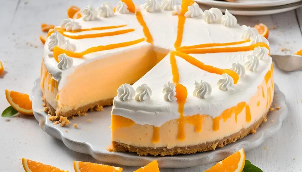 No-Bake Orange Creamsicle Cheesecake with distinct orange and cream layers, garnished with orange zest and whipped cream.