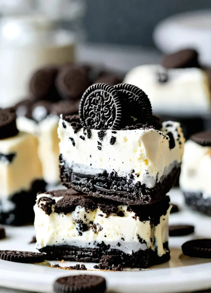 Stacked Oreo cheesecake bars with layers of Oreo cookies and creamy filling, topped with whole Oreos, on a white plate