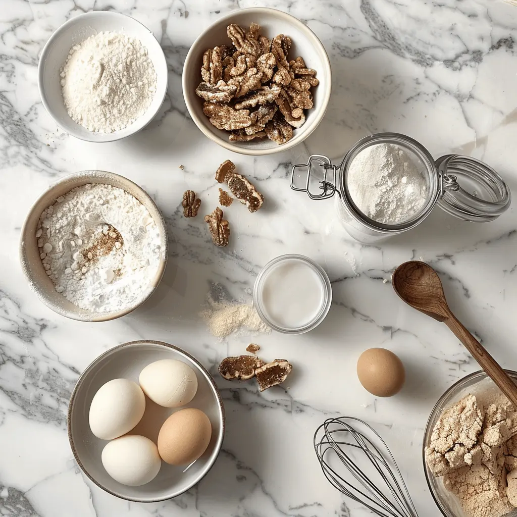 Ingredients for praline cake on marble countertop with bowls of flour, sugar, eggs, and pralines, alongside a wooden spoon and whisk.