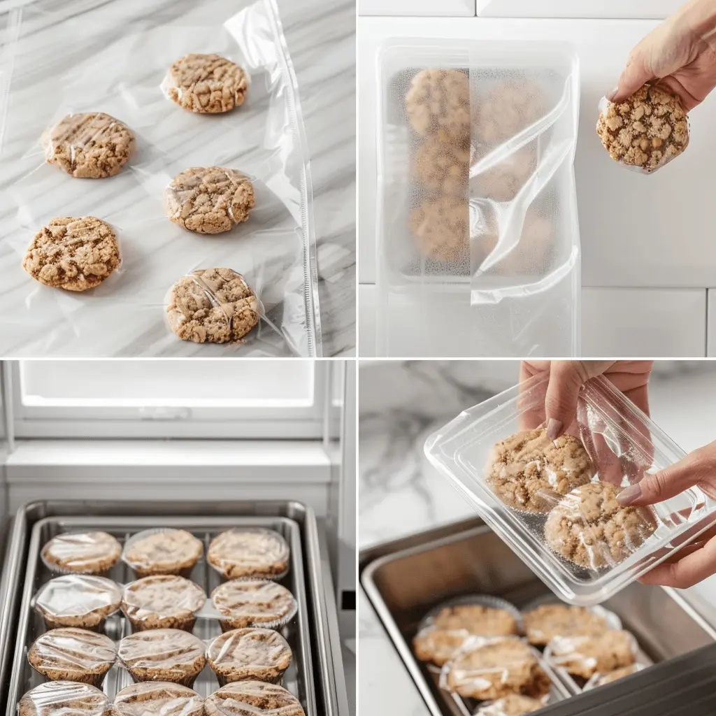 Step-by-step visuals of freezing Crumbl cookies, showing cookies on a tray, wrapped in plastic, and stored in a freezer.