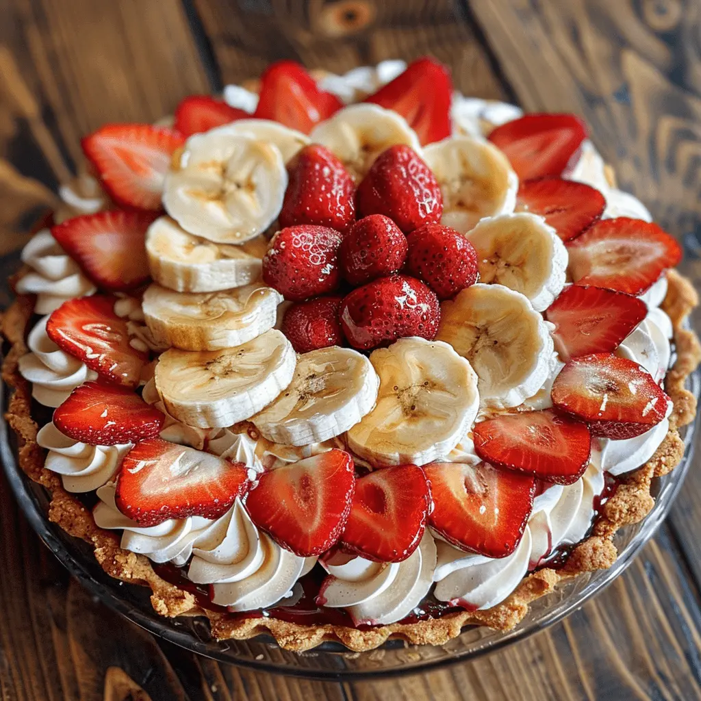 A delicious strawberry banana pie with cream cheese, topped with fresh slices of strawberries and bananas, arranged beautifully on a graham cracker crust.