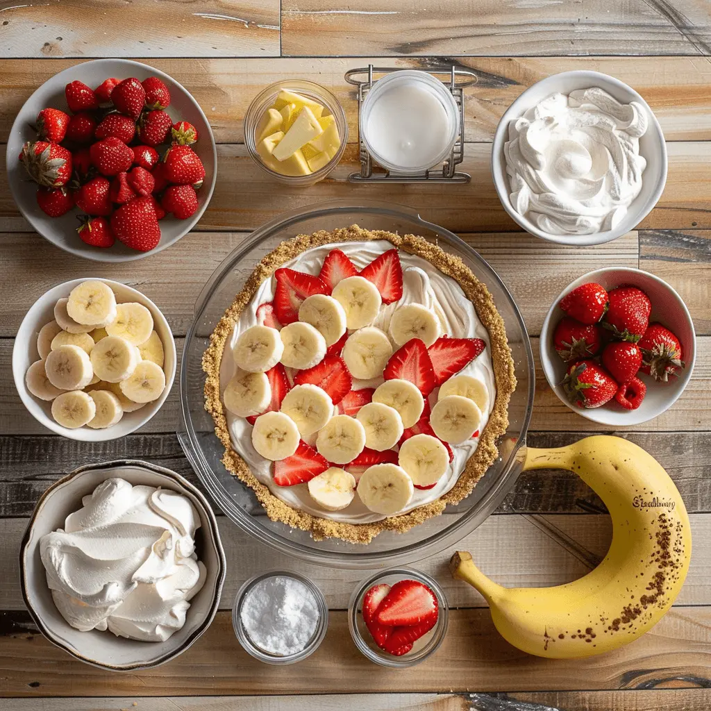 Ingredients for making a strawberry banana pie with cream cheese, including fresh strawberries, bananas, whipped cream, and graham cracker crust.

