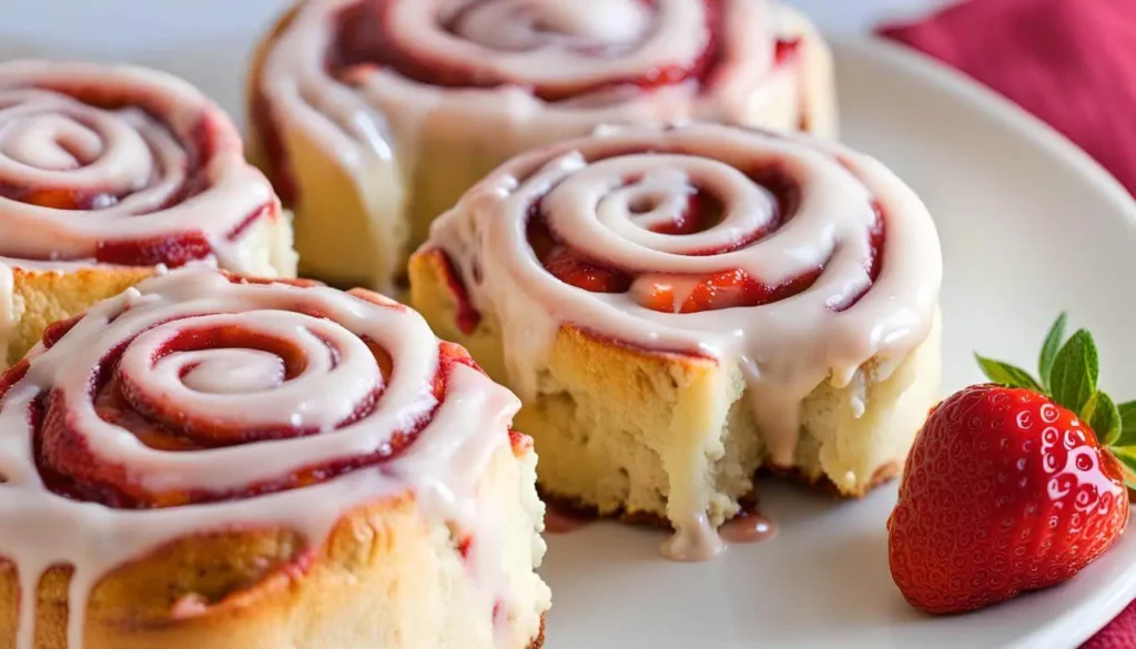 Freshly baked strawberry cheesecake cinnamon rolls with cream cheese frosting and a whole strawberry on the side.

