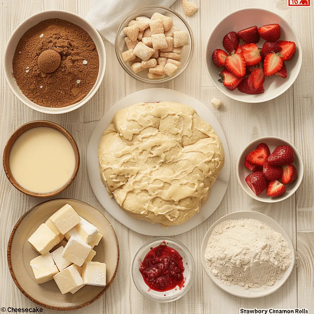 Ingredients for Strawberry Cheesecake Cinnamon Rolls including dough, fresh strawberries, cream cheese, butter, brown sugar, and powdered sugar.