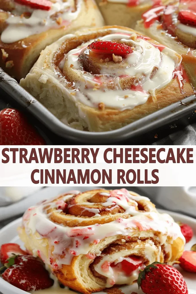 Close-up of freshly baked Strawberry Cheesecake Cinnamon Rolls topped with cream cheese frosting and fresh strawberries.