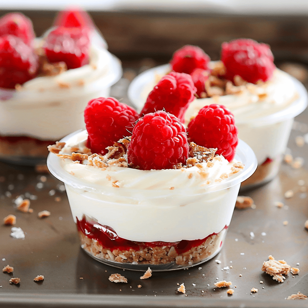 A close-up of no-bake cheesecake cups layered with graham cracker crumbs, creamy cheesecake filling, raspberry compote, and topped with fresh raspberries and more crumb garnish