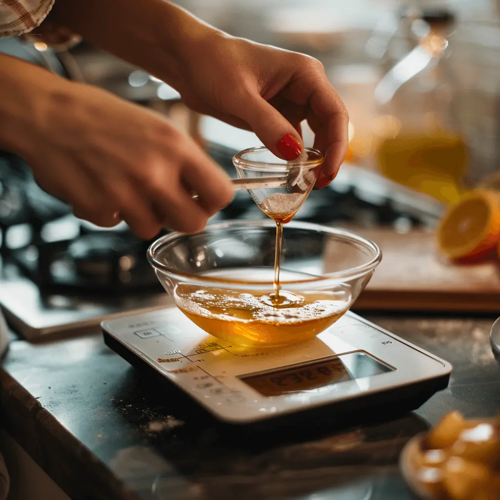 Close-up of a baker measuring honey on a digital kitchen scale to ensure precise ingredient amounts for baking.