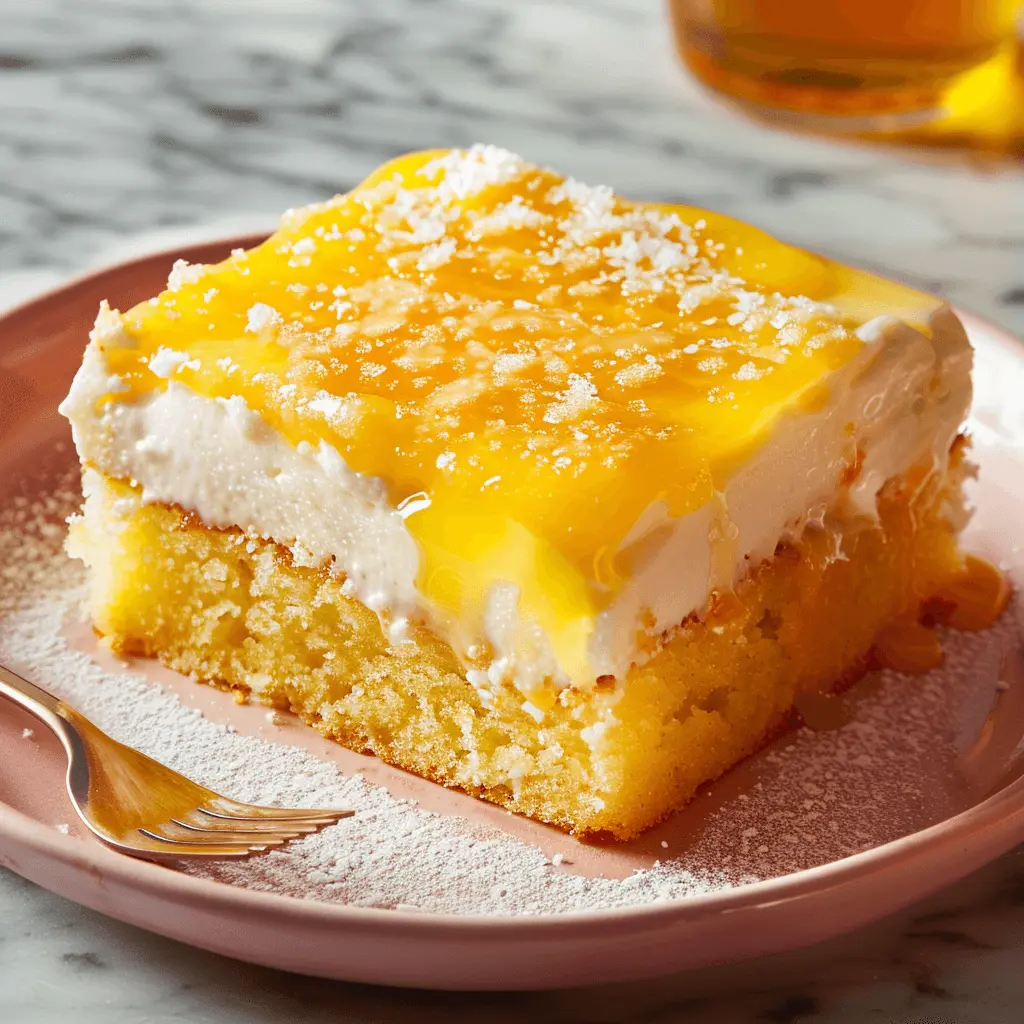 Slice of poke cake with a vibrant yellow topping and a creamy layer on a pink plate, accompanied by a fork.