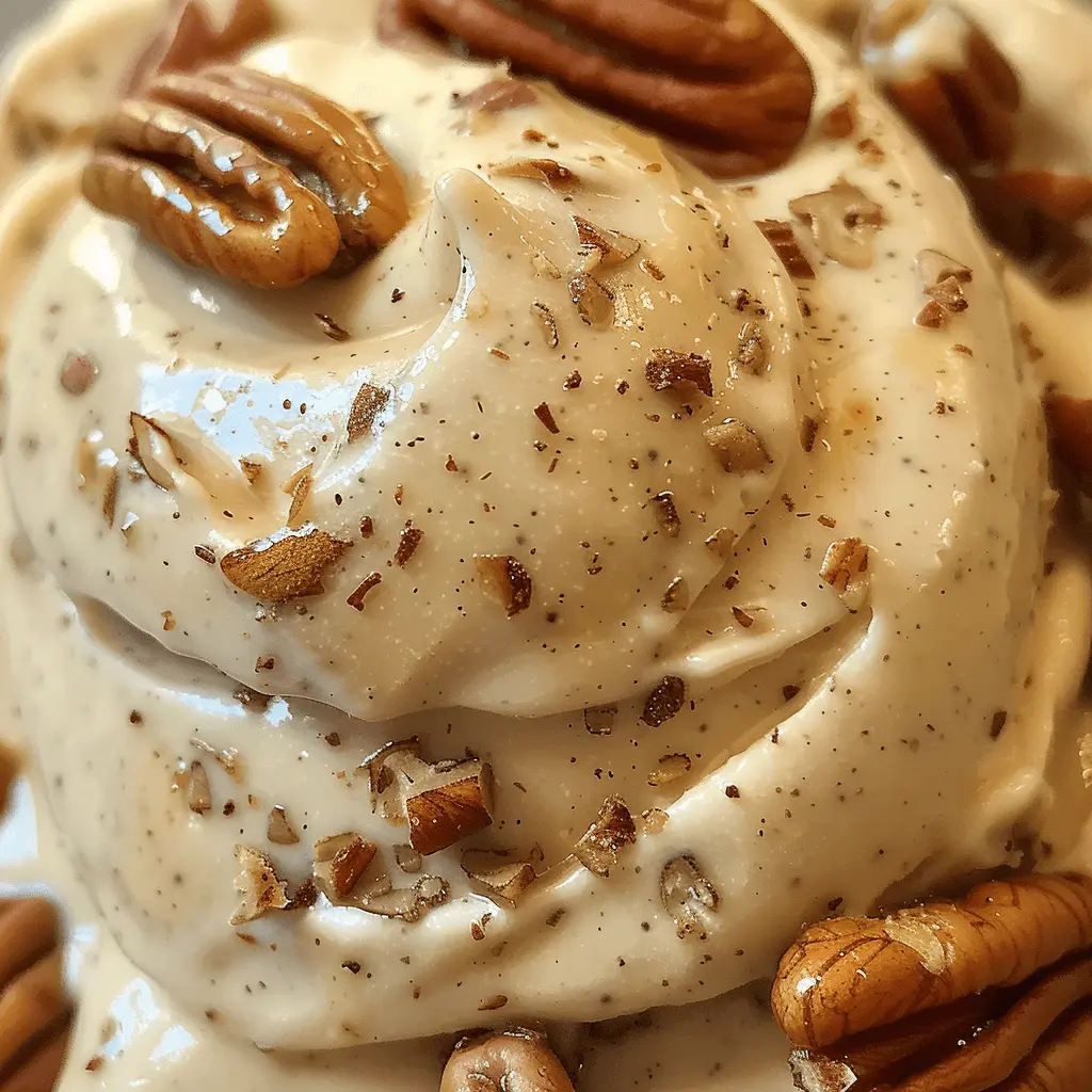 Close-up of butter pecan ice cream topped with whole and chopped pecans, showcasing its creamy texture and sprinkled pecan pieces.