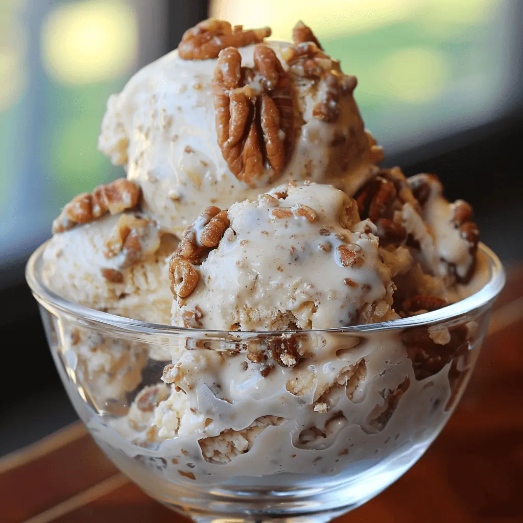 A bowl of butter pecan ice cream topped with whole pecans, served in a clear glass bowl.