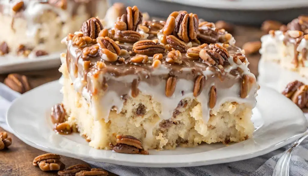 Luscious slice of  Poke Cake topped with caramel drizzle and a generous amount of pecans, served on a white plate.