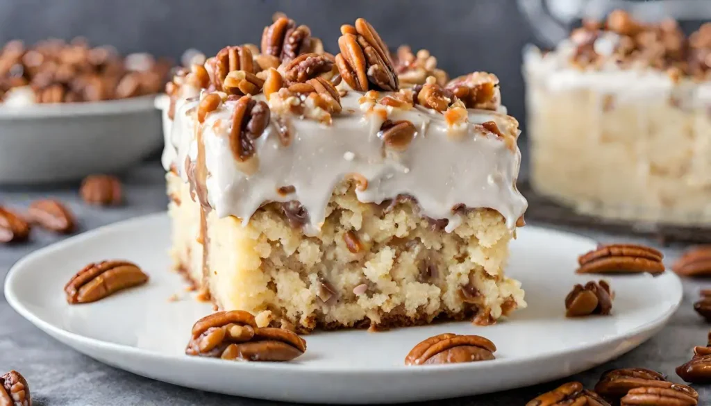 Delicious slice of Pecan Praline Poke Cake with creamy frosting and pecan topping on a white plate.