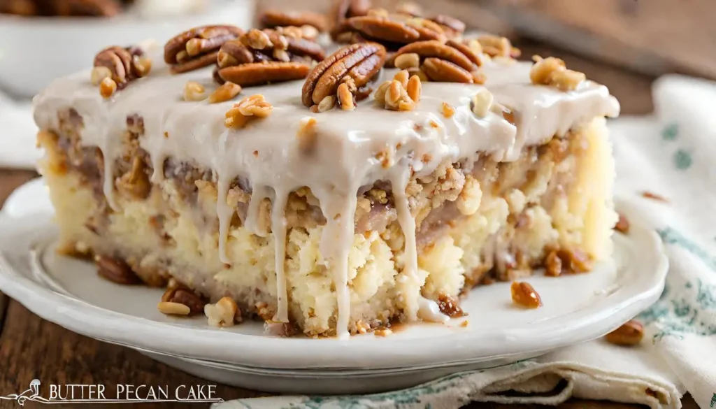 Exquisite slice of Pecan Cake topped with creamy frosting and scattered pecans on a rustic white plate.