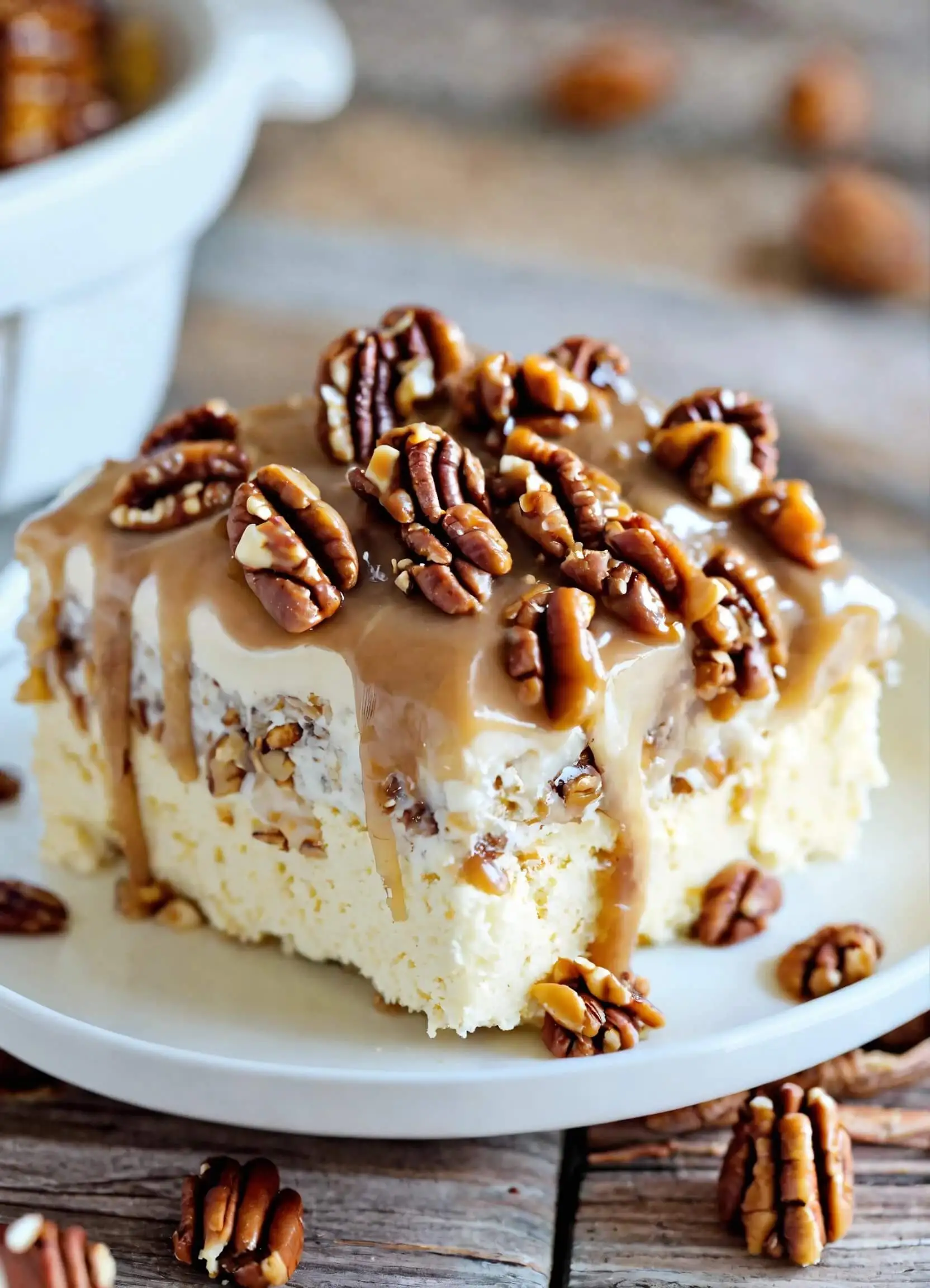 Close-up of Butter Pecan Praline Poke Cake topped with caramel drizzle and whole pecans on a white plate.