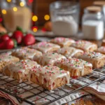 Freshly baked Strawberry Pop Tart Blondies with vanilla glaze and colorful sprinkles on a wire cooling rack.