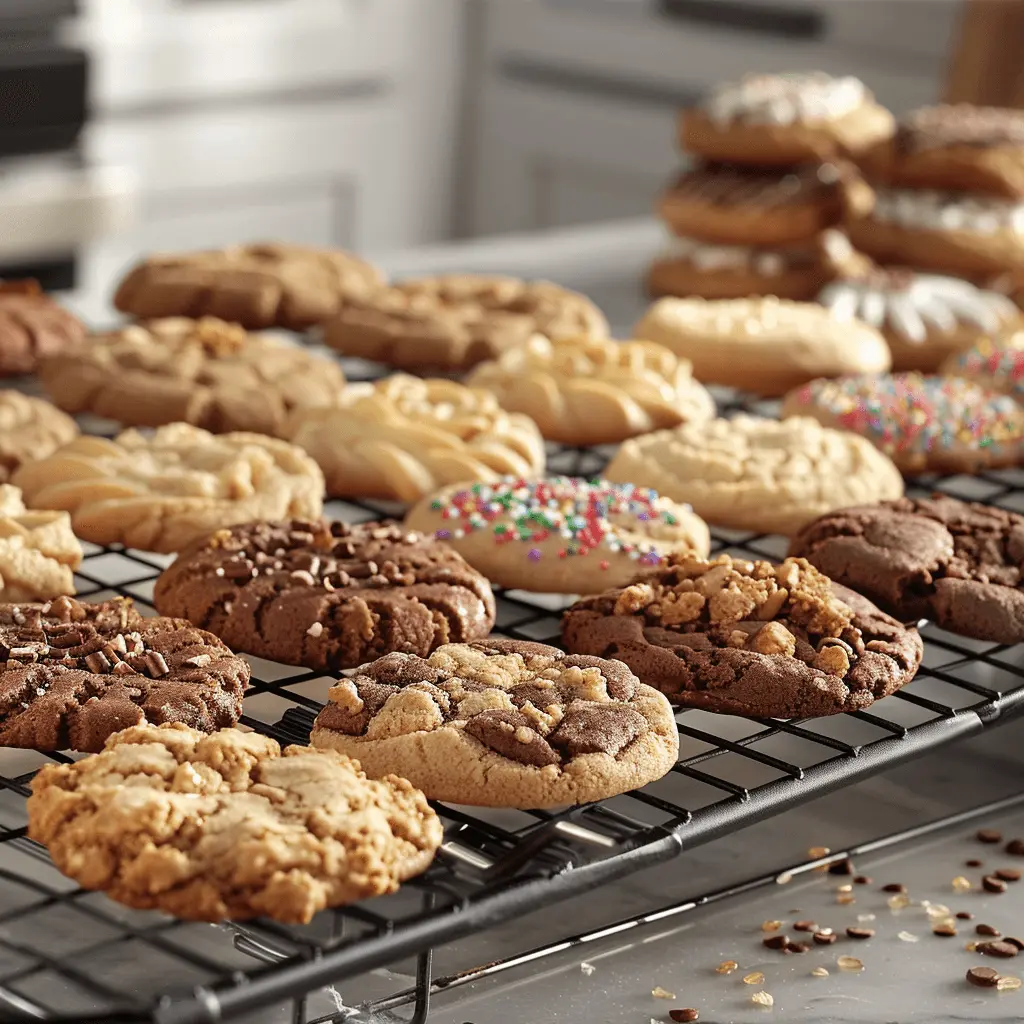 Close-up of various Crumbl cookies on a cooling rack, including chocolate, peanut butter, and sprinkled varieties, ready for freezing.