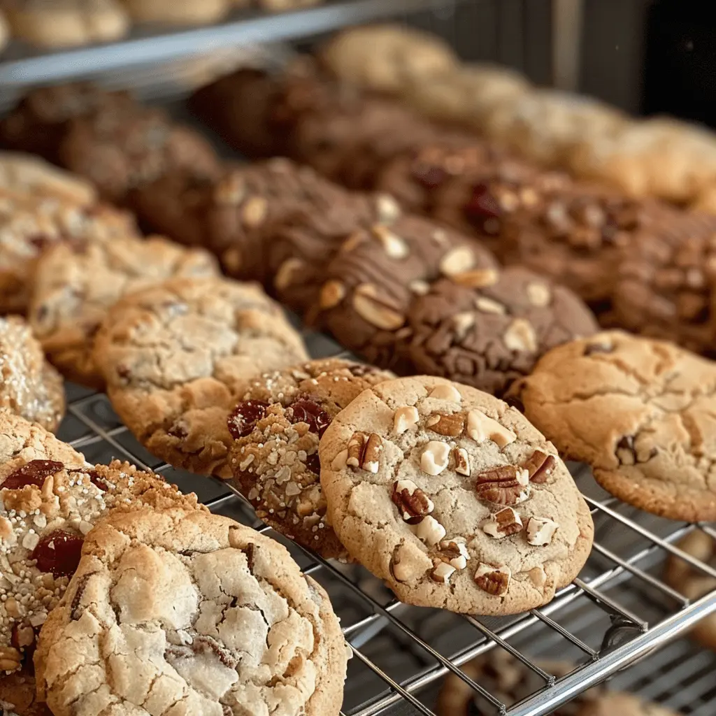 Assortment of Crumbl cookies on a cooling rack, including chocolate chip, nut-topped, and cranberry cookies.