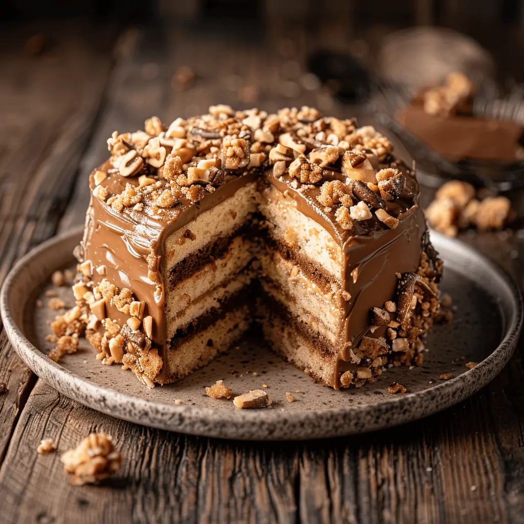 Decadent praline cake with caramel drizzle and chopped nuts topping on a rustic plate