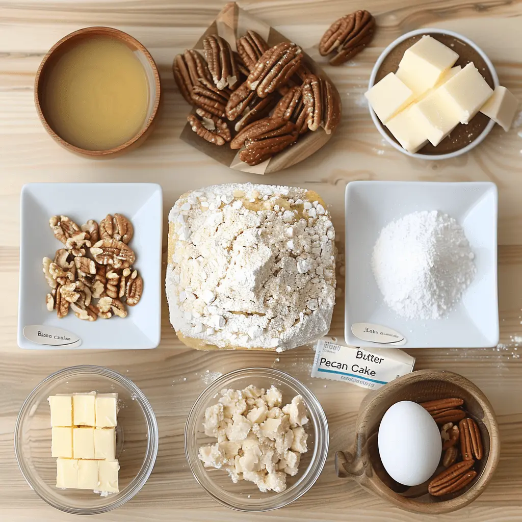 Ingredients for Butter Pecan Cake including pecans, butter, flour, sugar, and eggs arranged on a wooden table