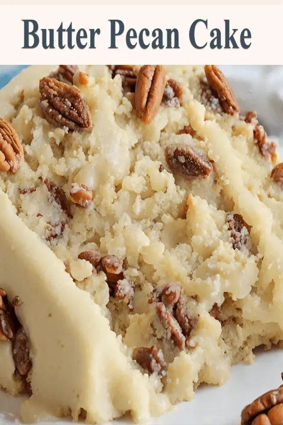 Close-up of a slice of Butter Pecan Cake with creamy frosting and pecans on top