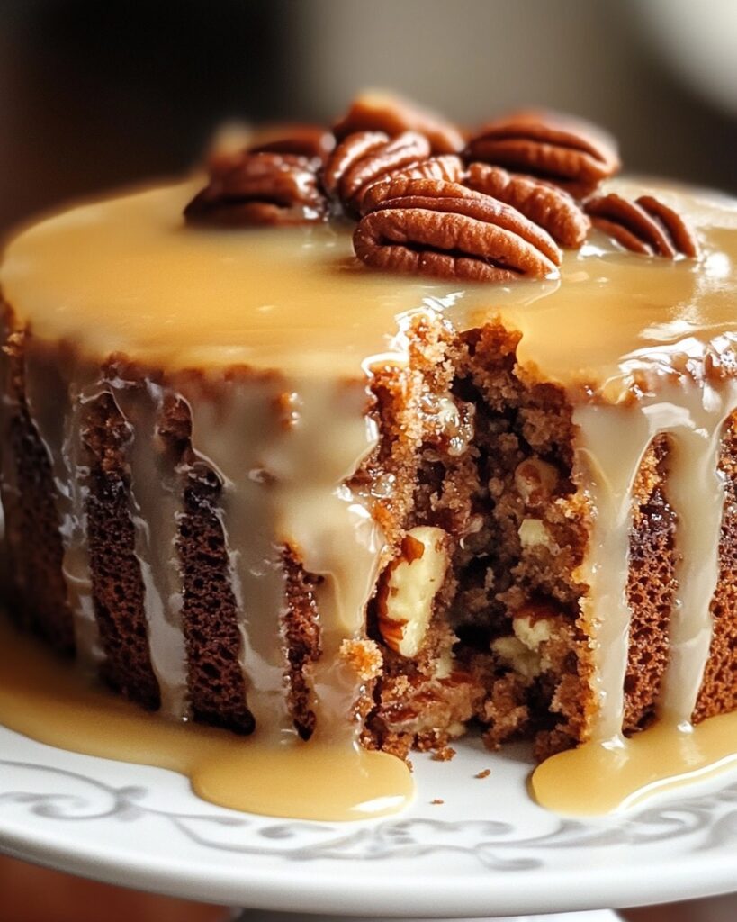 Pecan Praline Cake with Butter Sauce: