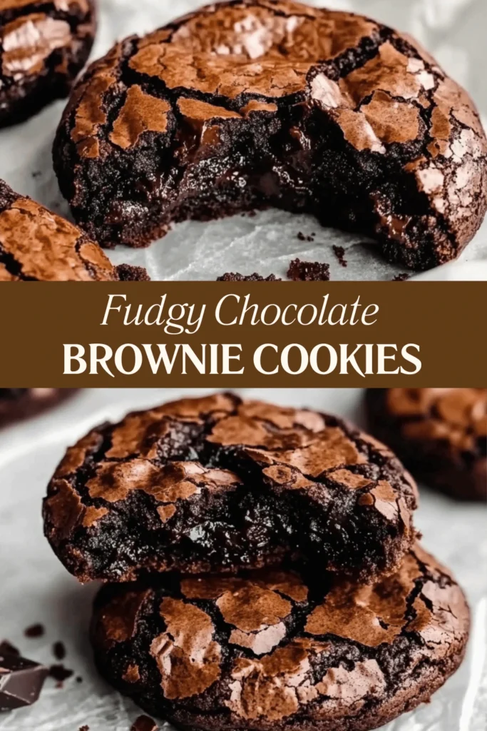 A Pinterest-optimized image showcasing fudgy brownie cookies, emphasizing their gooey, rich texture.