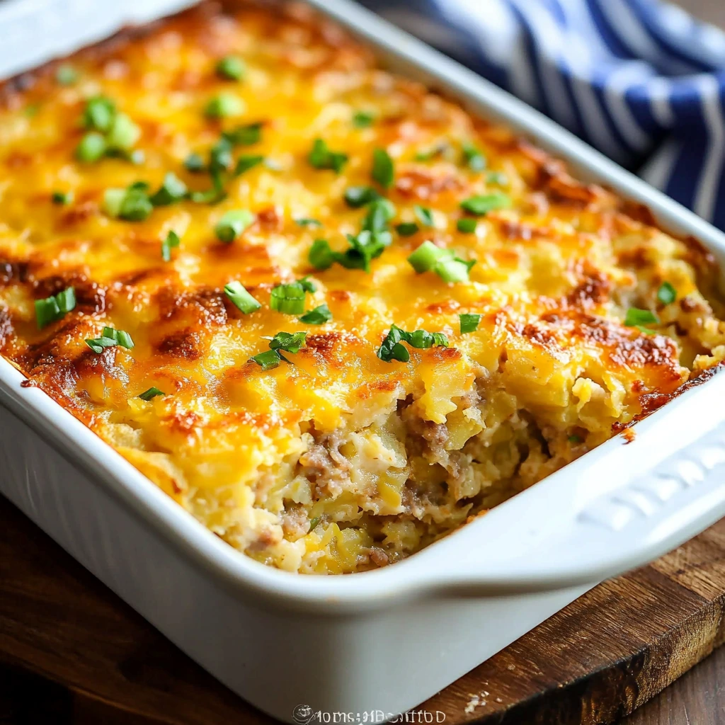 A close-up of a golden-brown sausage hashbrown breakfast casserole with melted cheese, crispy edges, and a fluffy egg filling.