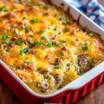 A slice of sausage hashbrown breakfast casserole on a white plate, topped with melted cheese and fresh herbs.