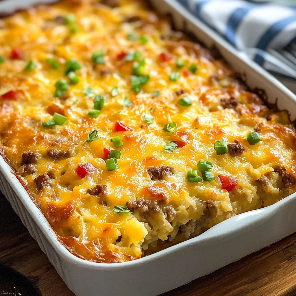 A freshly baked sausage hashbrown casserole in a glass baking dish, topped with melted cheese and crispy golden edges.