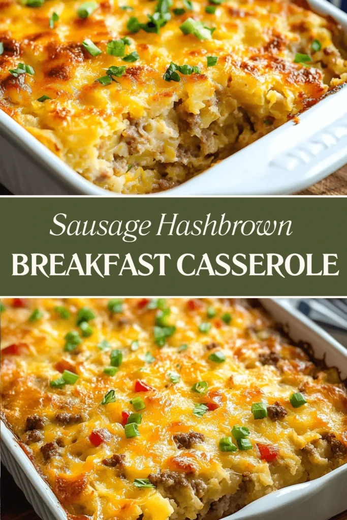 A serving of sausage hashbrown breakfast casserole with gooey melted cheese and a golden-brown crust.