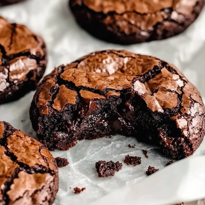 Close-up of a fudgy chocolate brownie cookie with a bite taken out, revealing a gooey chocolate center.