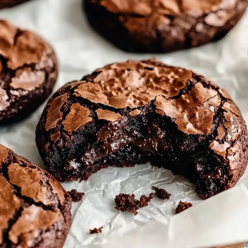 Close-up of fudgy chocolate brownie cookies with a shiny, crackly top.