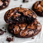 Close-up of fudgy chocolate brownie cookies with a shiny, crackly top