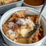 A warm, freshly Snickerdoodle Cobbler in a white ceramic dish, topped with powdered sugar and golden caramel sauce. A spoonful reveals its soft, custardy texture with a rich, gooey caramel sauce pooling at the bottom.